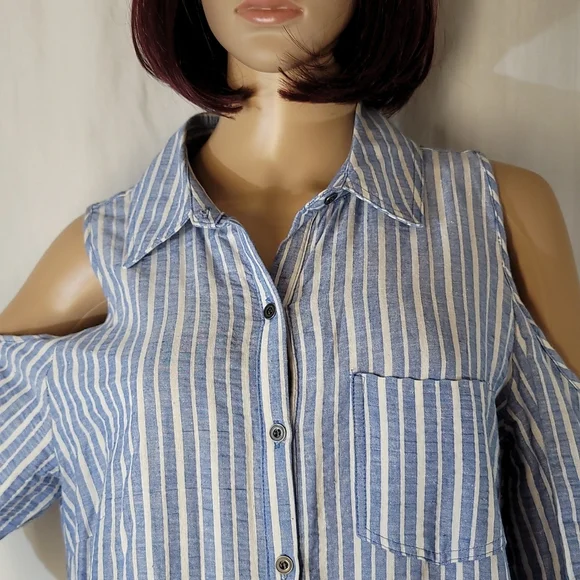 Hope & Harlow Blue and White Stiped Linen Blend Shirt Dress, Women's Size 12 - Picture 6 of 8